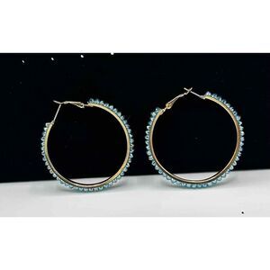 Blue Gold Tone Crystal Womens Hoop Earrings